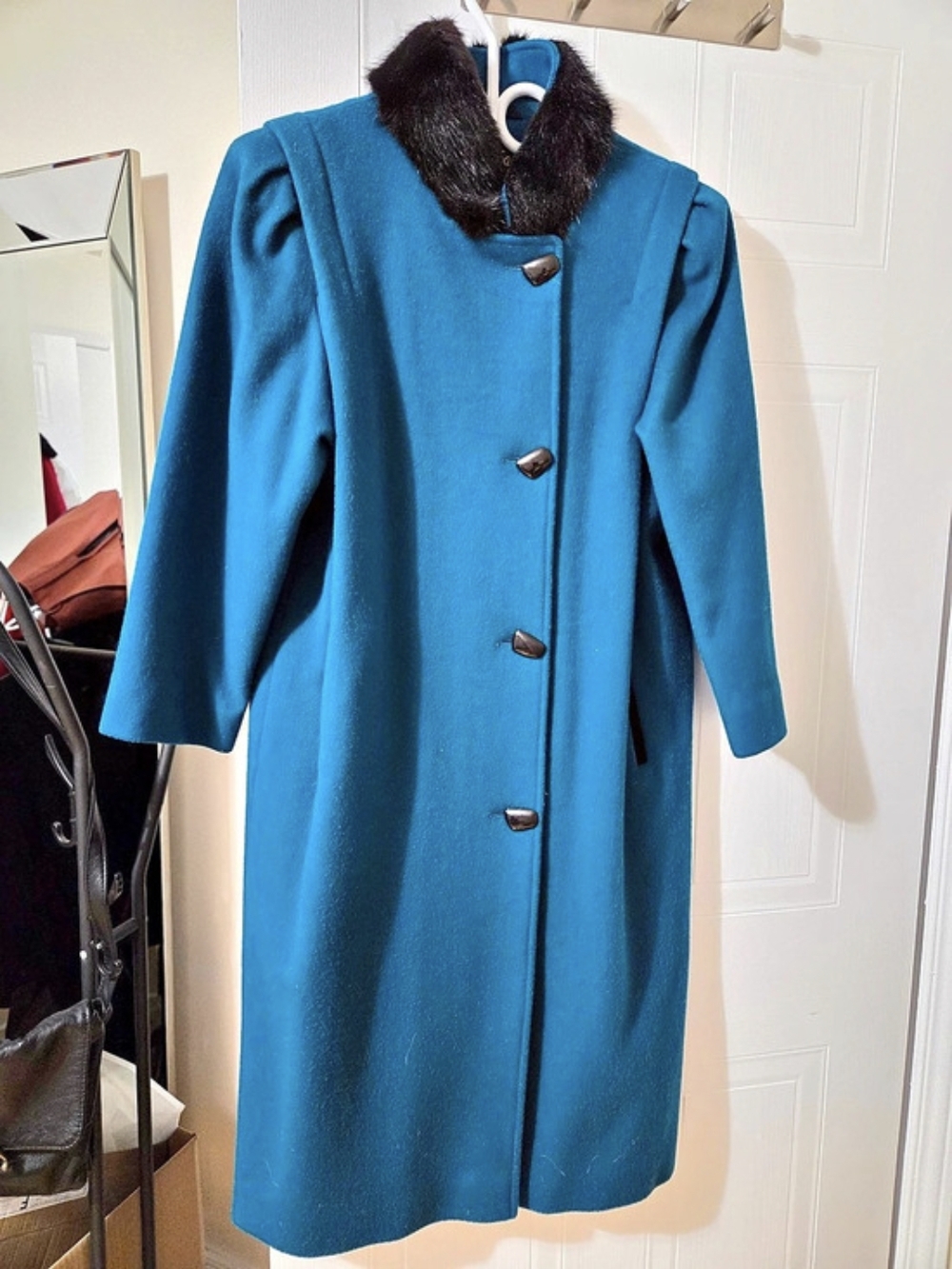 Vintage Luba Paris Teal Blue Wool Coat Black Fur Collar Made in Canada